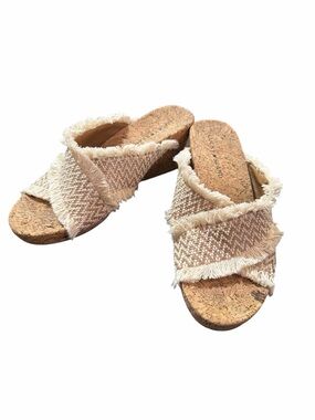 Lucky Brand Fringe Woven Cork Wedge Slide Sandals Size 7 Boho Slip On Slides
